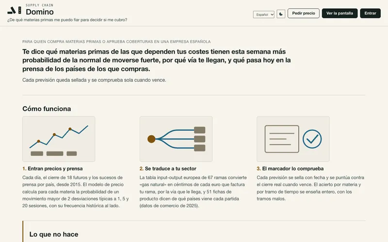 Captura de supplychaindomino.com/valor, la web de Supply Chain Domino