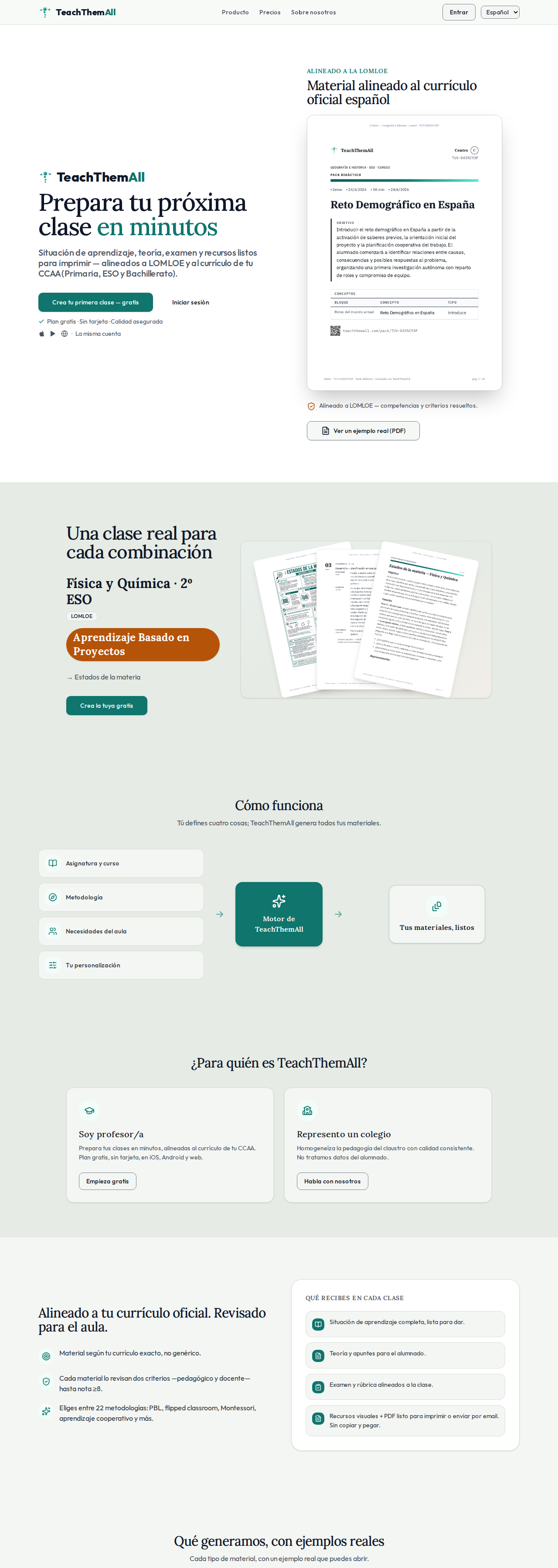 TeachThemAll: Genera material de clase completo, con sus gráficas, mapas y diagramas, en doce idiomas. Lo usan profesores reales, en producción.